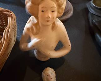 Antique Porcelain Colonial Head Bust German Half Doll pin cushion