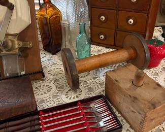 Antique Wooden Spool, fondue forks, Butter Mold Press