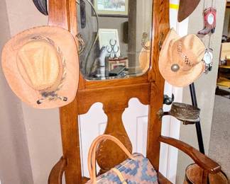 Beautiful Hall tree, mirror, storage bench and brass hat hooks,