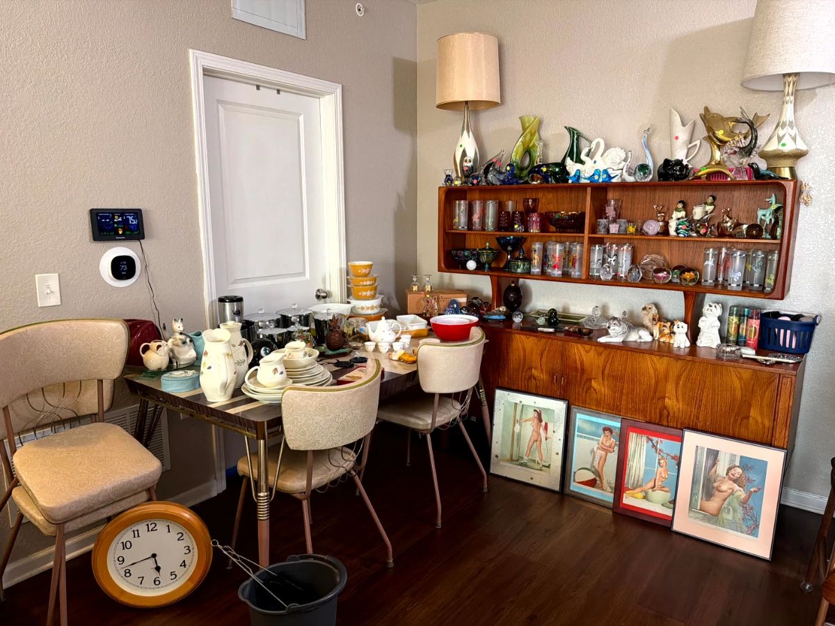 1960s Formica Table, MCM Lamps, Pyrex, Framed Pinups
