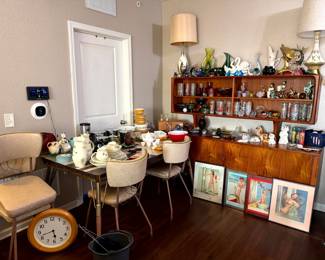 1960s Formica Table, MCM Lamps, Pyrex, Framed Pinups