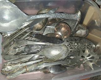 Box of untested Old flatware and serving pieces