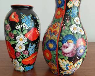 Pair of Polish folk art hand painted floral vases