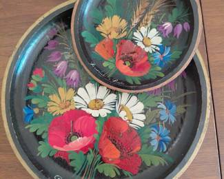 Folk art hand painted trays, set of two