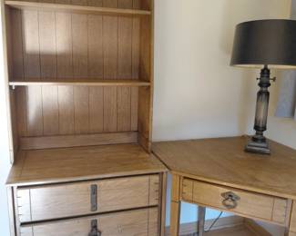 Bookcase hutch, three drawer chest and corner desk with lamp