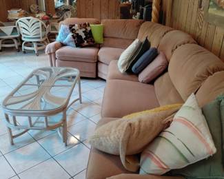Rattan living room set with sectional sofa and glass top table