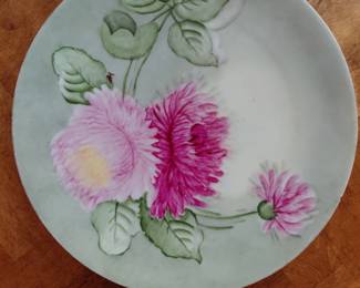 Hand painted plate with pink chrysanthemums