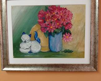 Framed still life painting with flowers and birds