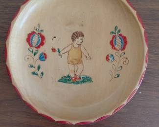 Folk art plate with hand painted child and flowers