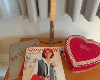 Vintage sewing patterns and heart shaped box