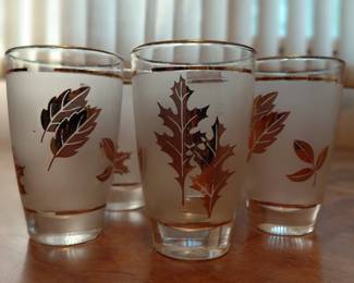 Mid century frosted glass tumblers with gold leaf, barware set