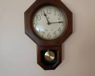 Schoolhouse regulator wall clock, wood case with pendulum