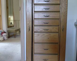 Oak jewelry armoire chest with mirror