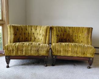 Pair of vintage gold velvet tufted slipper chairs