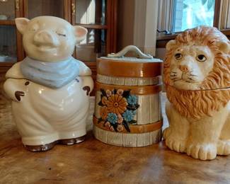 Vintage ceramic cookie jar collection - pig, lion, and floral barrel