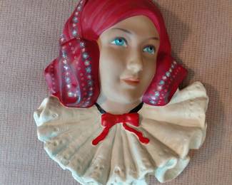 Chalkware lady head wall pocket vase
