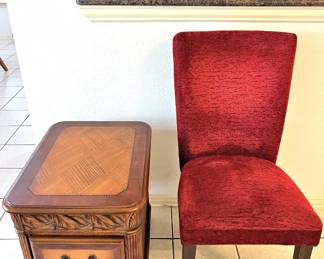 Upholstered side chair, and parquet top side table