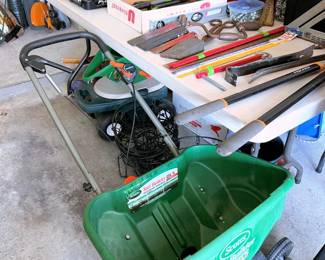 Scotts Fertilizer Spreader, and assorted tools