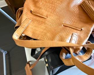 Tan CrocEmbossed Leather Bucket Bag