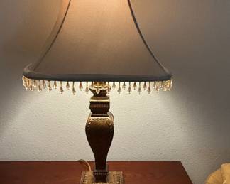 Vintage Brass Table Lamp with Beaded Fringe Shade