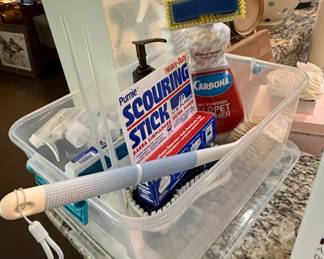 Assorted Household Cleaning Supplies Caddy with Pumie Scouring Stick and Carbona Carpet Cleaner