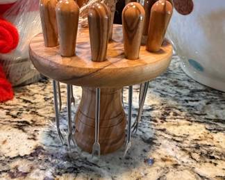 Olive Wood Cocktail Fork Set with Stand