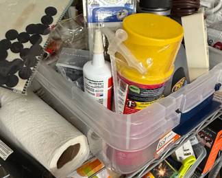Assorted Household Maintenance and Hardware Lot in Clear Storage Bin