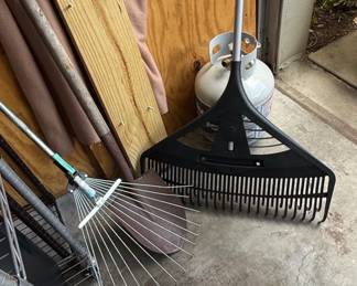 Assorted Garden Rakes and Propane Tank