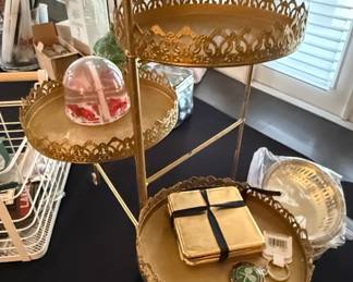 Vintage GoldTone ThreeTier Serving Stand with Ornate Edging