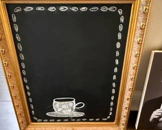 Ornate Gold Framed Chalkboard with Teacup Illustration