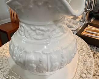 Antique Relief Molded White Ironstone Wash Basin and Pitcher Set