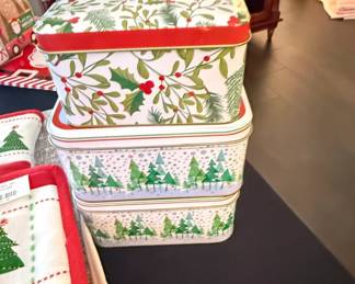 Vintage Christmas Nesting Tin Set Tis the Season and Evergreen Trees