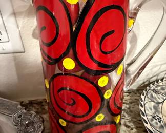 HandPainted Glass Pitcher with Red Swirls and Yellow Polka Dots