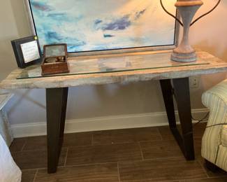 Console table - weathered oak on metal base