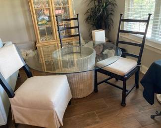 Wicker base table with glass top and two/two chairs