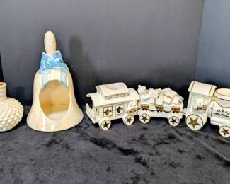 Mikasa Ceramic Holiday Train, Fenton Hobnail Bottle Ceramic Bell