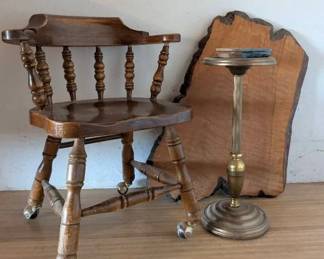 Wooden Chair, MCM Ashtray Stand, Wood Slab More