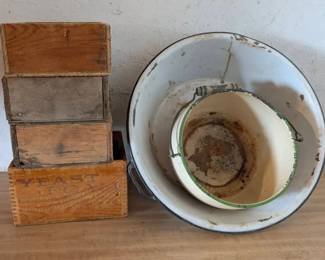 Vtg Farmhouse Primitive Kitchen Pots Crates
