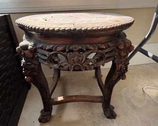 Chinese Carved Hardwood and Marble Top Pedestal Stand