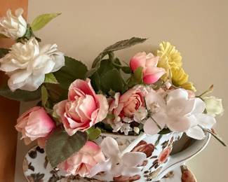 Vintage Floral Teacup and Saucer with Artificial Flower Arrangement