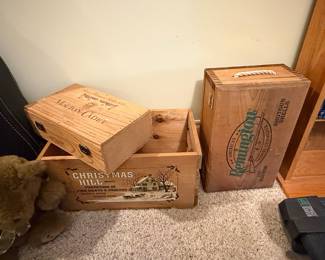 Vintage Remington Shotgun Shells Wooden Crate, Mouton-Cadet Wine Crate, and Christmas Hill Brand Crate