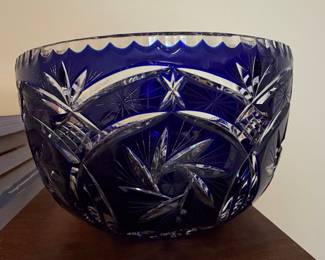 Bohemian Cobalt Blue Cut-to-Clear Crystal Bowl with Starburst and Fan Motifs