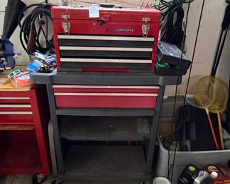 Craftsman 3-Drawer Red Steel Tool Box on Gray Rolling Cart