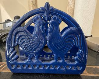 Vintage Cobalt Blue Cast Iron Rooster Napkin Holder