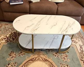 Modern Oval Faux Marble Two-Tier Coffee Table with Gold Metal Frame