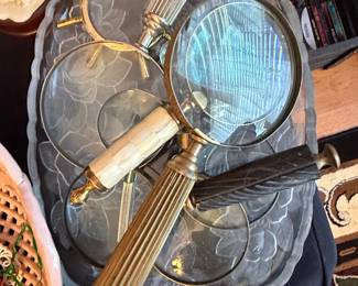 Vintage Magnifying Glass Collection on Floral Etched Glass Tray