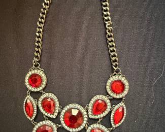 Statement Costume Necklace with Red Glass Stones and Silver-Tone Chain
