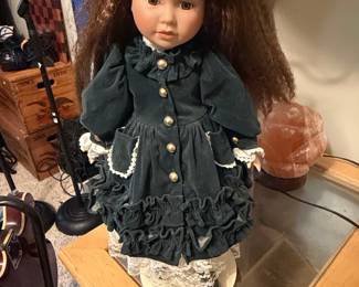 Vintage Porcelain Doll in Green Velvet Victorian Dress