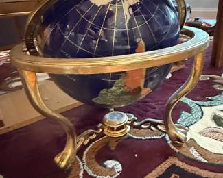 Lapis Lazuli Gemstone Globe with Ornate Brass Tripod Stand and Compass
