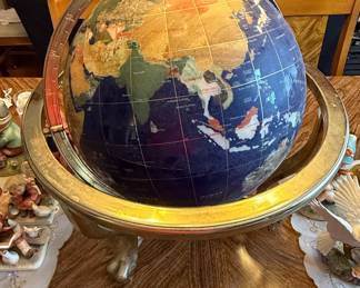 Lapis Lazuli and Semi-Precious Stone Inlaid World Globe with Brass Stand